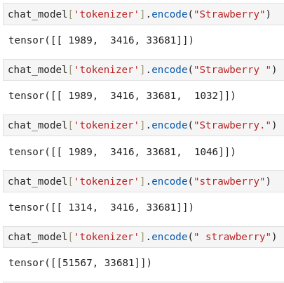 Five lines of code show how variations of 'Strawberry' are encoded differently by a tokenizer, highlighting the impact of spaces, punctuation, and capitalization on the resulting integer ID tensors.
